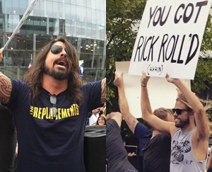 Com bom humor, integrantes do Foo Fighters interrompem protesto homofóbico